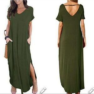 Olive Green Casual V-Neck Maxi